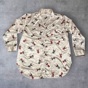 Vintage Kathryn Satin Pajama Top Womens M/L Ivory Novelty Chair Floral Sleep